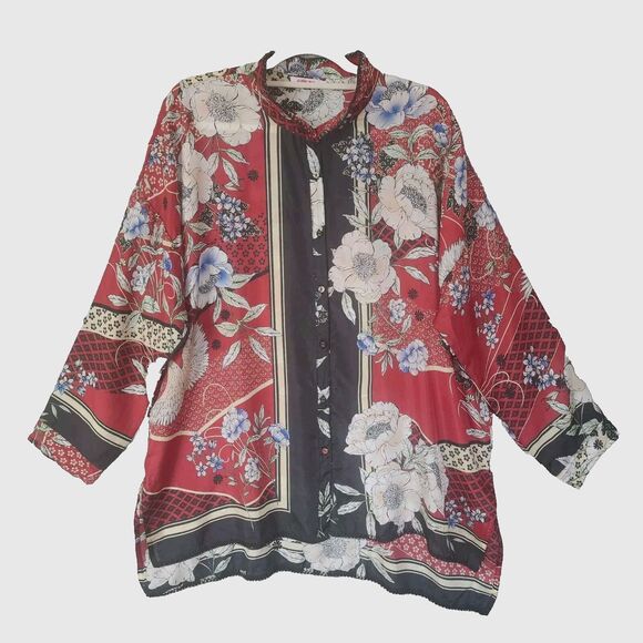 Johnny Was 100% Silk Crane Mallory Shirt Tunic Size XL Open Neckline Long Sleeve - Picture 2 of 11